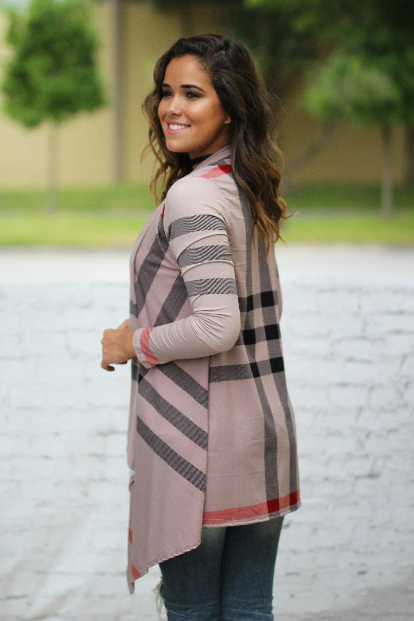 Mocha Check Print Cardigan