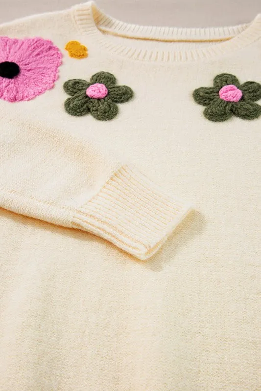 My Everything - Beige Knitted Flower Pattern Ribbed Edge Sweater