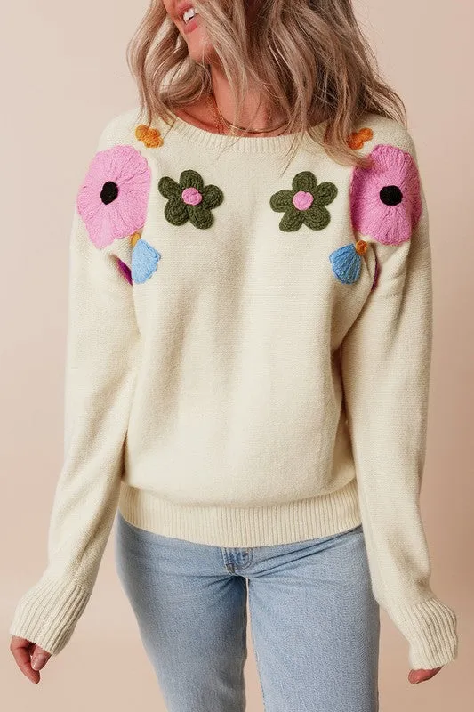 My Everything - Beige Knitted Flower Pattern Ribbed Edge Sweater