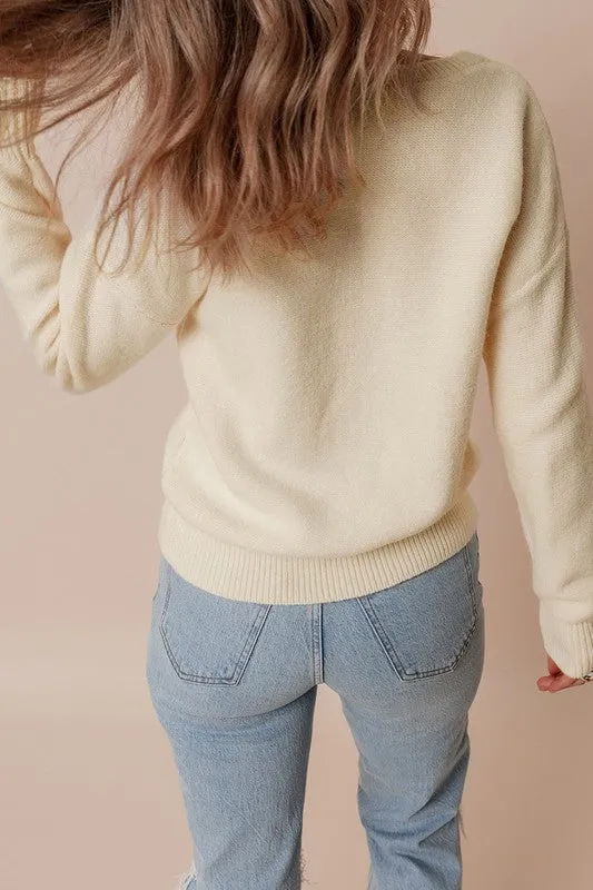 My Everything - Beige Knitted Flower Pattern Ribbed Edge Sweater