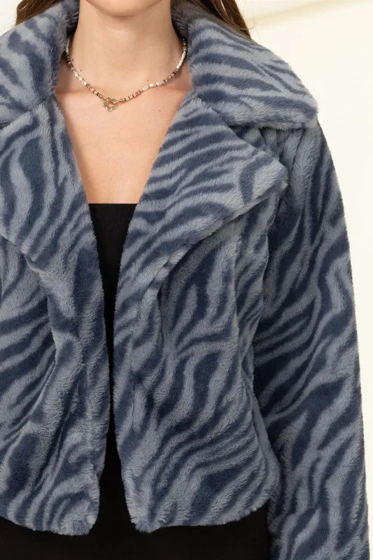 Navy Zebra Relaxing Made Patterned Fur Jacket