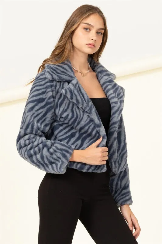 Navy Zebra Relaxing Made Patterned Fur Jacket