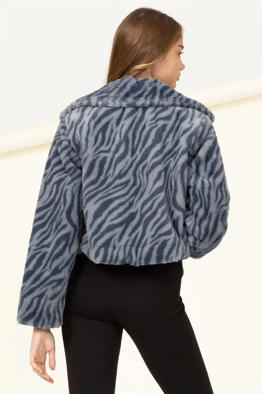 Navy Zebra Relaxing Made Patterned Fur Jacket