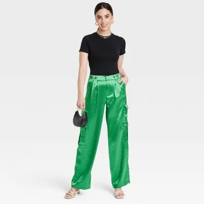 New - A New Day Women's Straight Relaxed High Rise Satin Cargo Pants Glossy