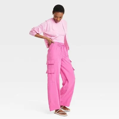 New - Women's High-Rise Wide Leg Cargo Pants - A New Day Hot Pink L