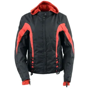 NexGen SH1998 Ladies Red and Black Textile Racer Jacket with Removable Hoodie