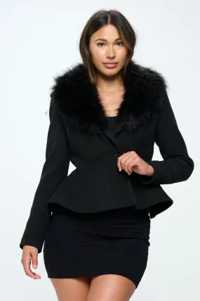 Peplum Jacket With Faux Fur Collar - Size S