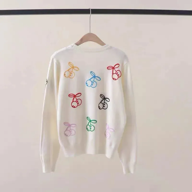 Pre Order:  Embroidered Cherry Long Sleeved Loose Sweater