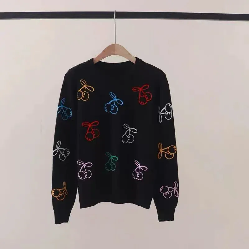 Pre Order:  Embroidered Cherry Long Sleeved Loose Sweater