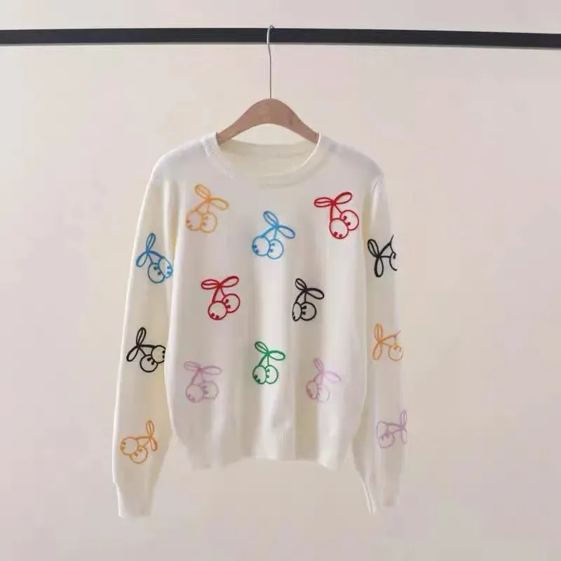 Pre Order:  Embroidered Cherry Long Sleeved Loose Sweater