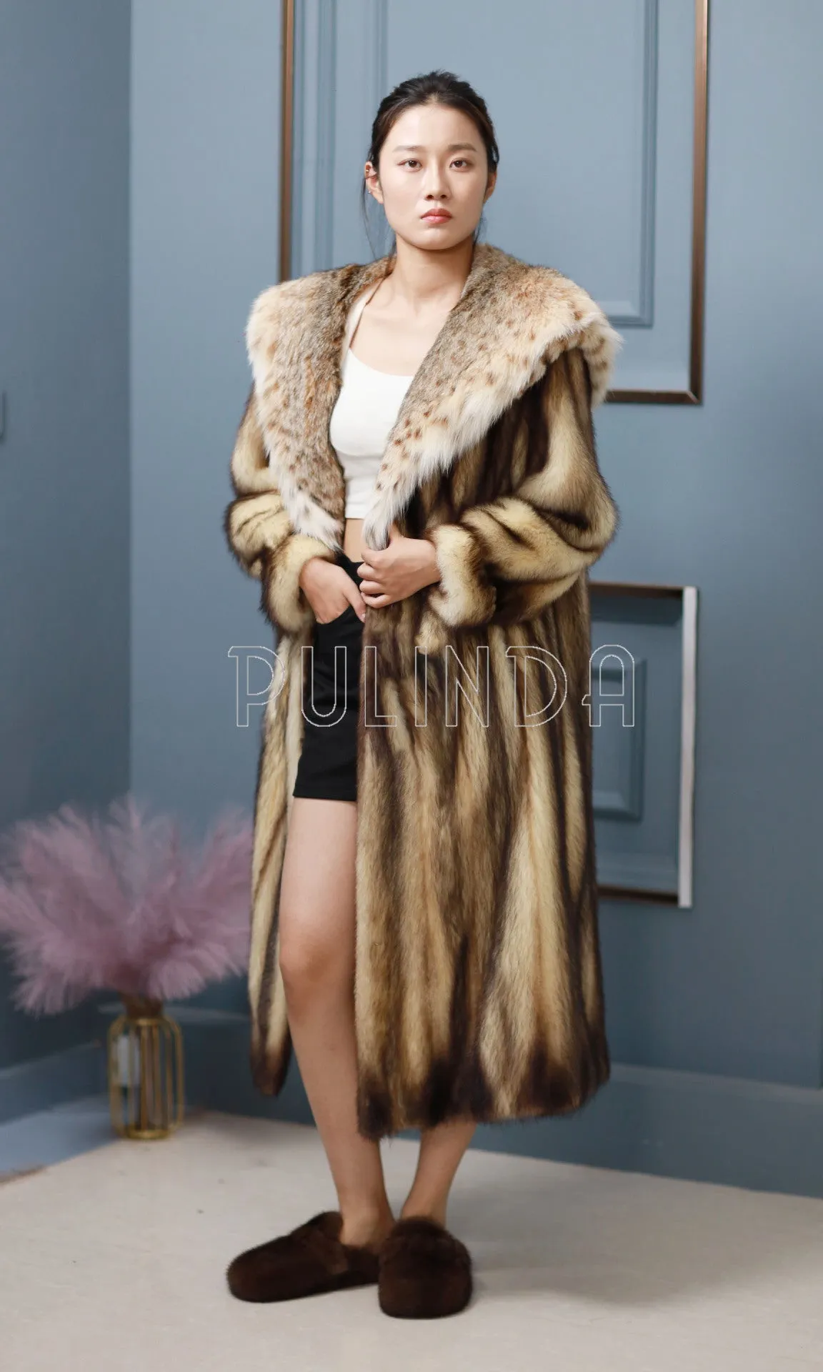 Real Fitch Fur Coat Lynx Fur Collar Hooded