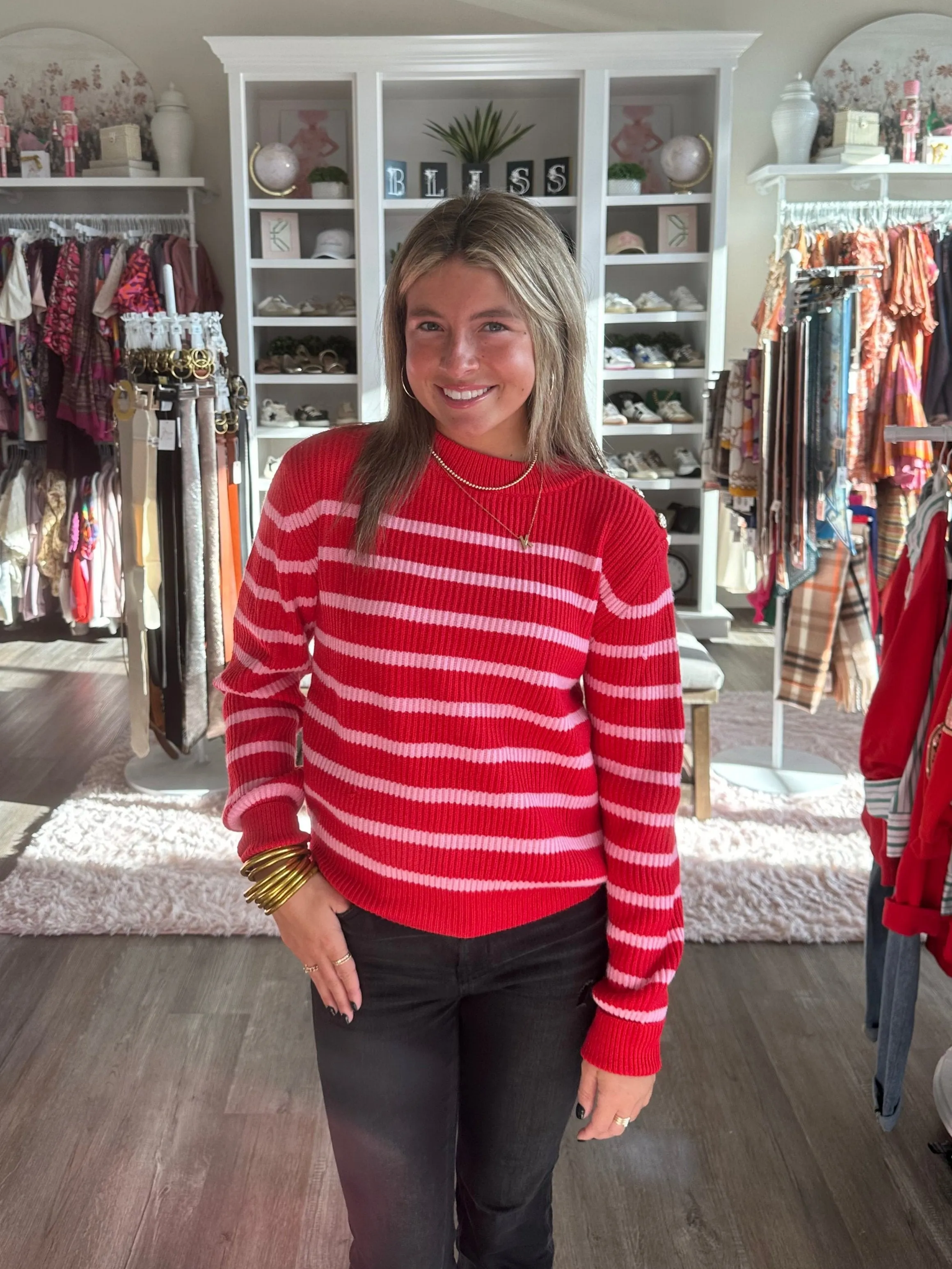 Red & Pink Striped Knit Sweater with Button