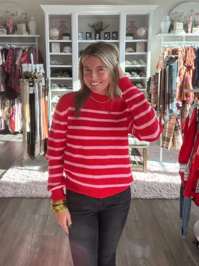 Red & Pink Striped Knit Sweater with Button