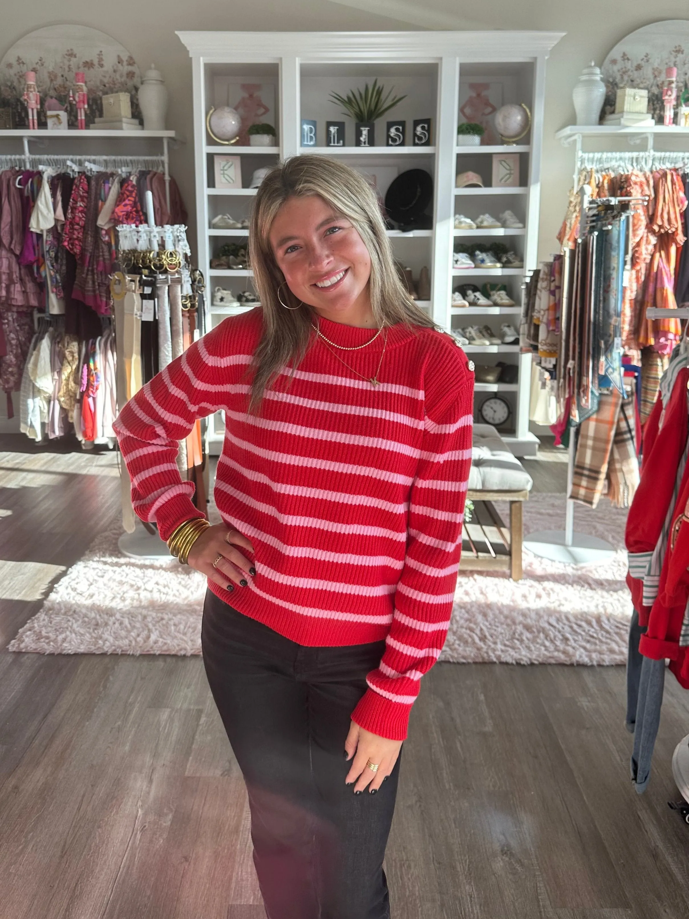 Red & Pink Striped Knit Sweater with Button