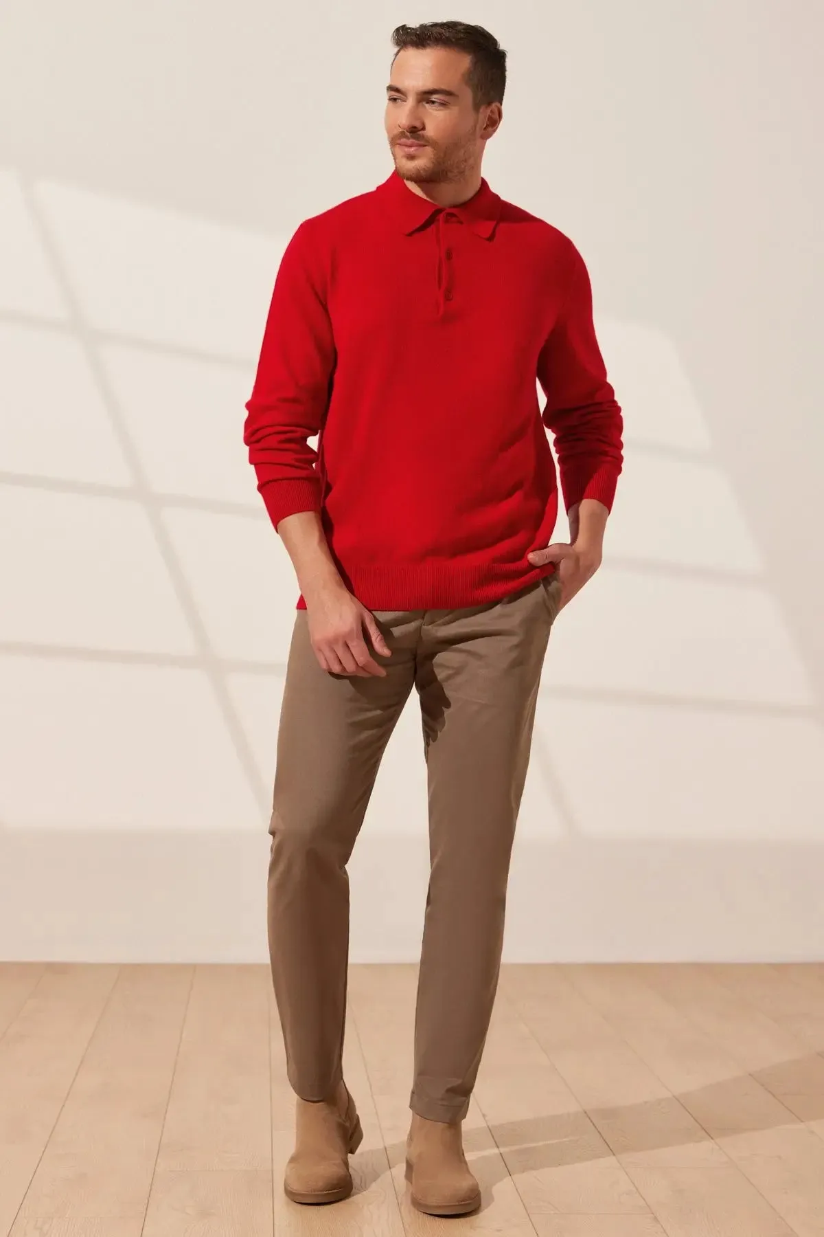 Red Pure Cashmere Polo Neck Men's Sweater