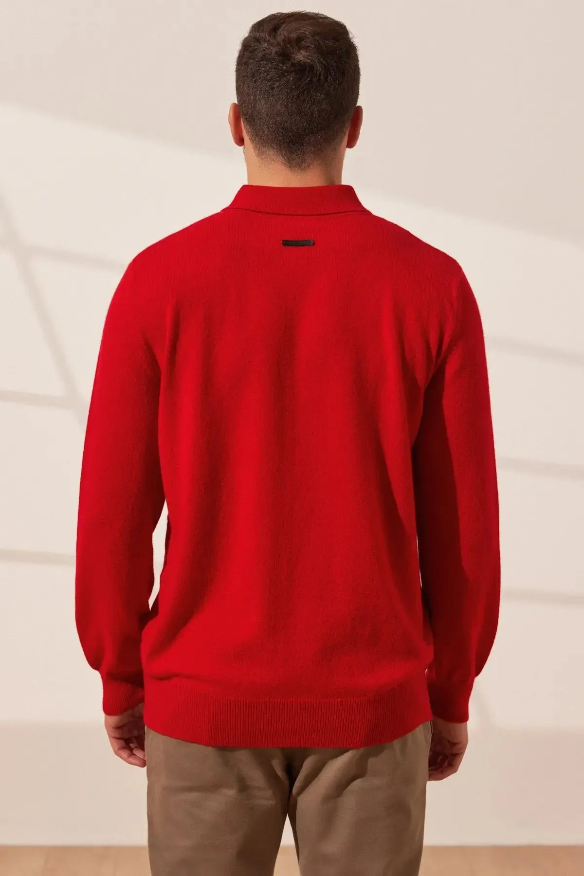 Red Pure Cashmere Polo Neck Men's Sweater