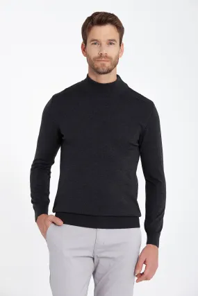 Regular Fit Patterned Cotton Blend Gray Mock Neck Sweater, Charcoal Melange