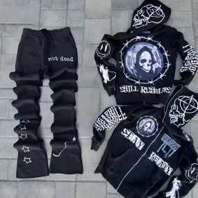 Retro Skull Full Zip Hoodie Flared Pants Set