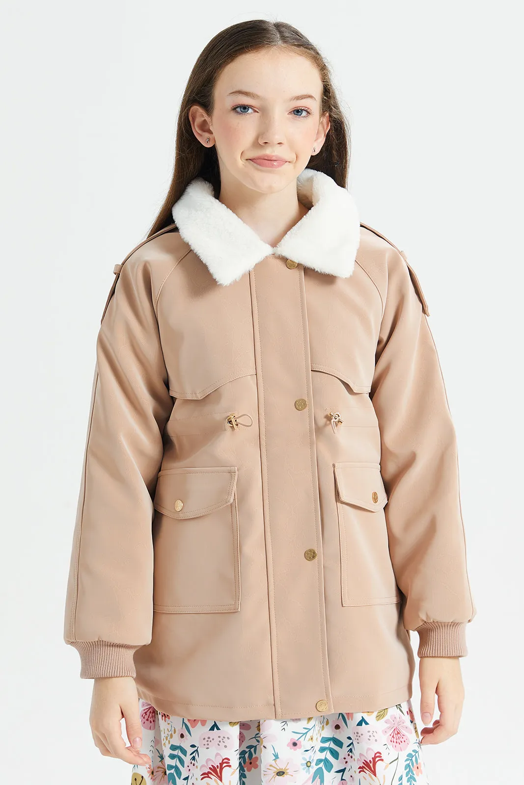 Senior Girls Pink Fur Collar Elasticated Waist Jacket