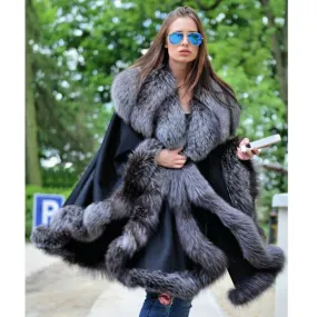 Silver Fox Fur Collar Cashmere Cape with Glamorous Style and Superior Warmth