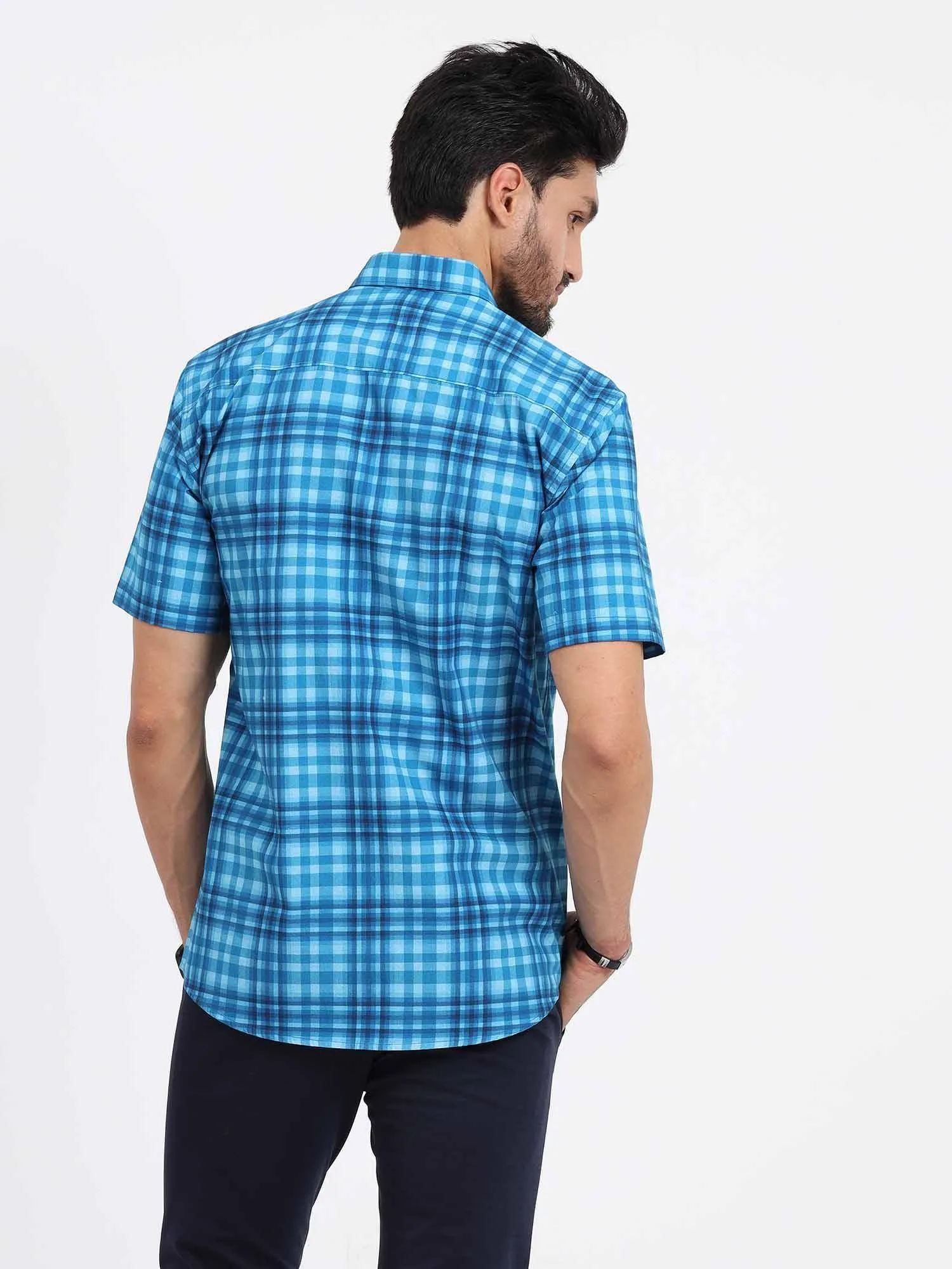 Sky Blue Large Checks Half Sleeve Shirt