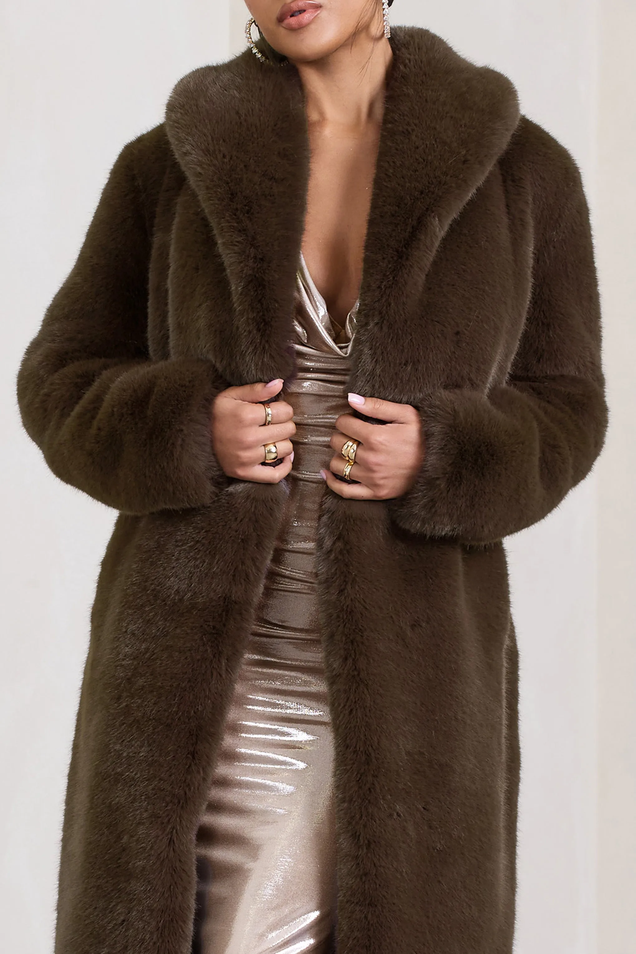 Slopeside | Brown Long Belted Faux Fur Coat