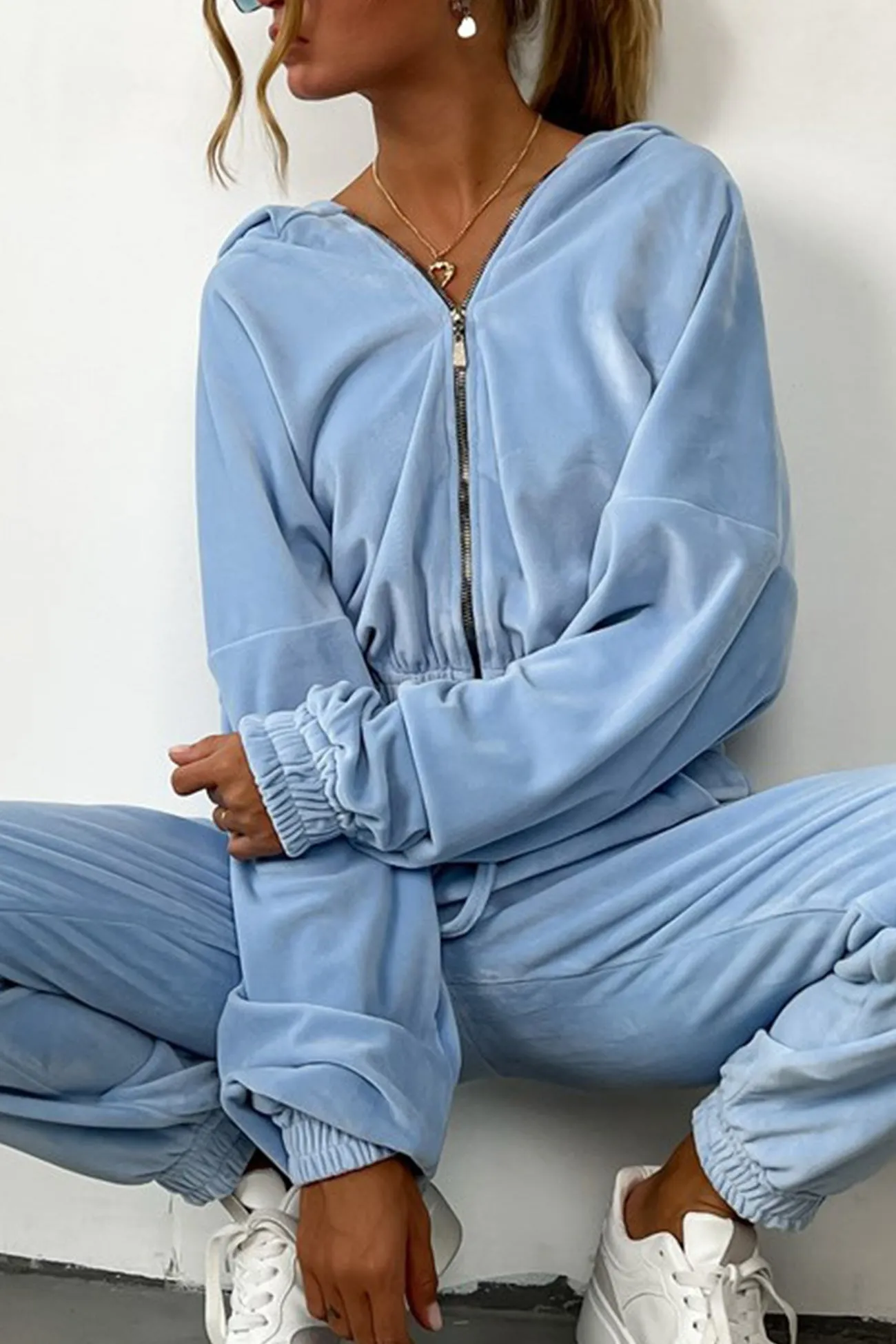 Solid Zipper Hoodie Drawstring Long Pants Suits