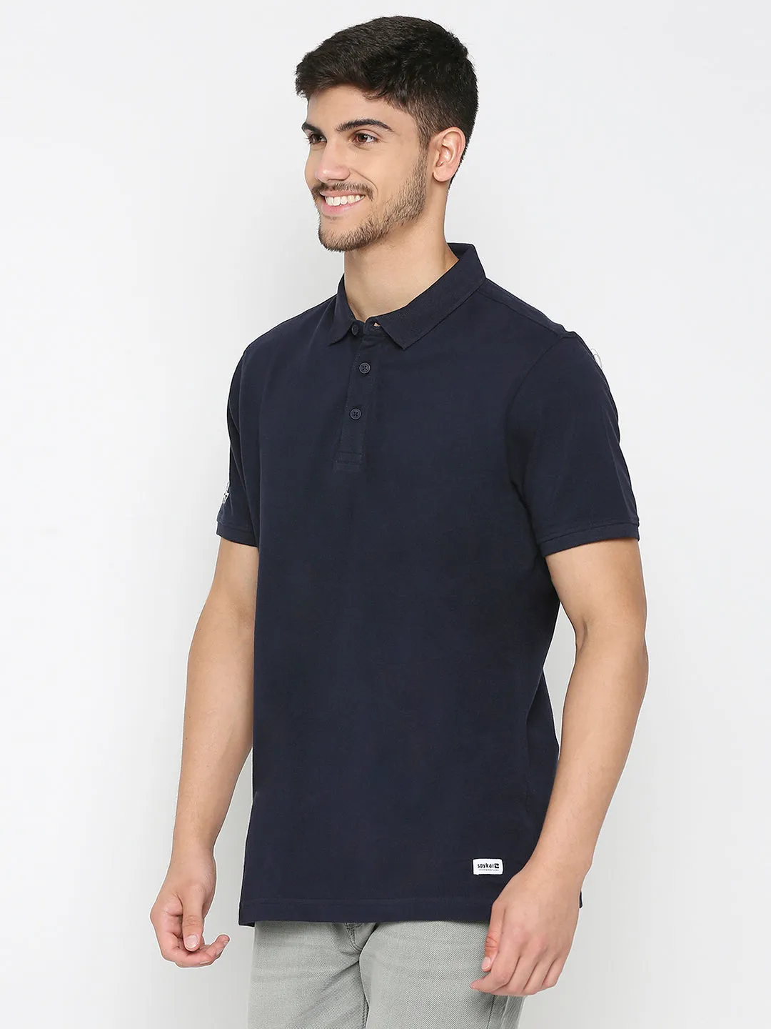 Spykar Ink Blue Cotton Half Sleeve Plain Polo T-Shirt For Men