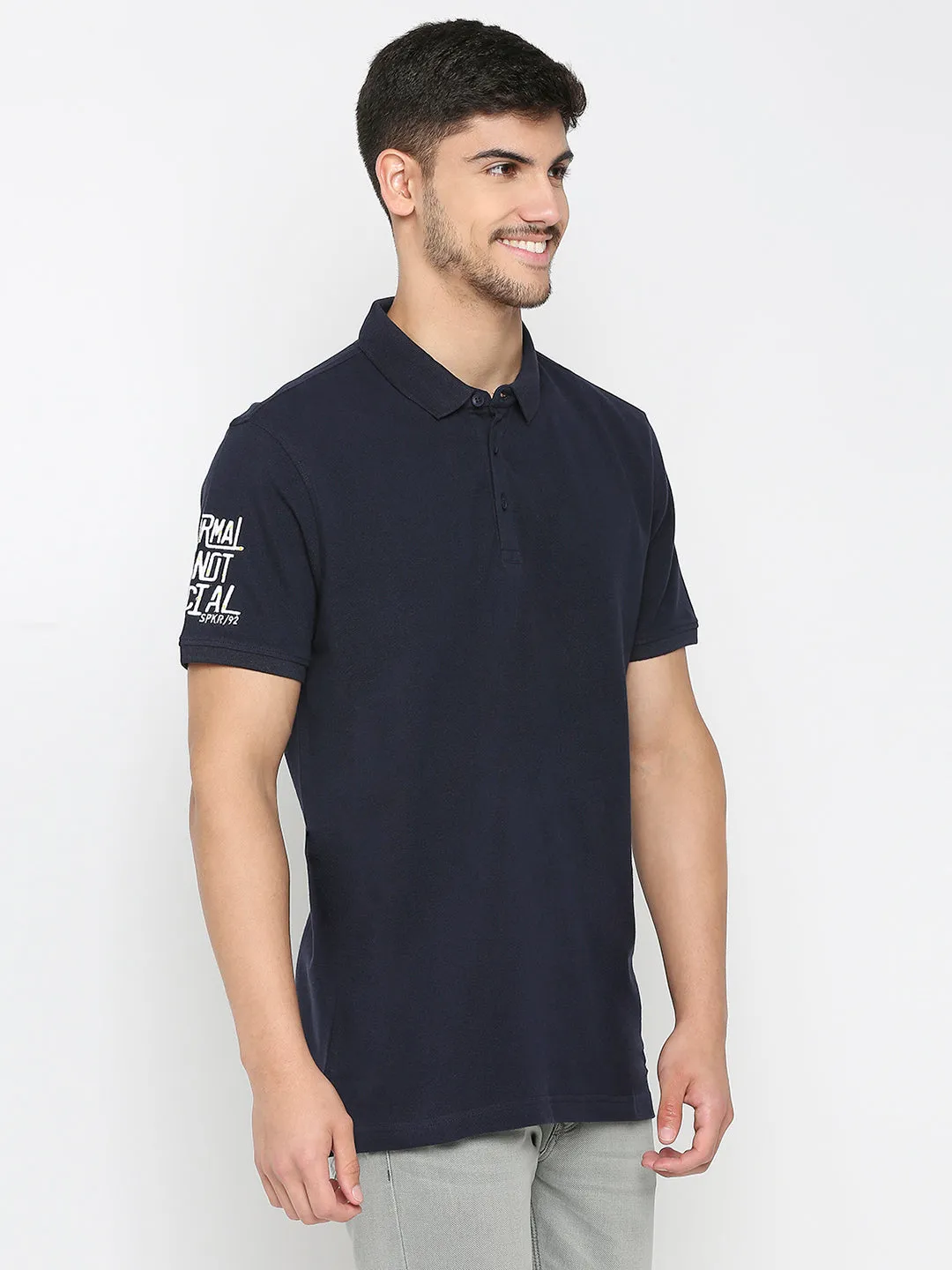 Spykar Ink Blue Cotton Half Sleeve Plain Polo T-Shirt For Men