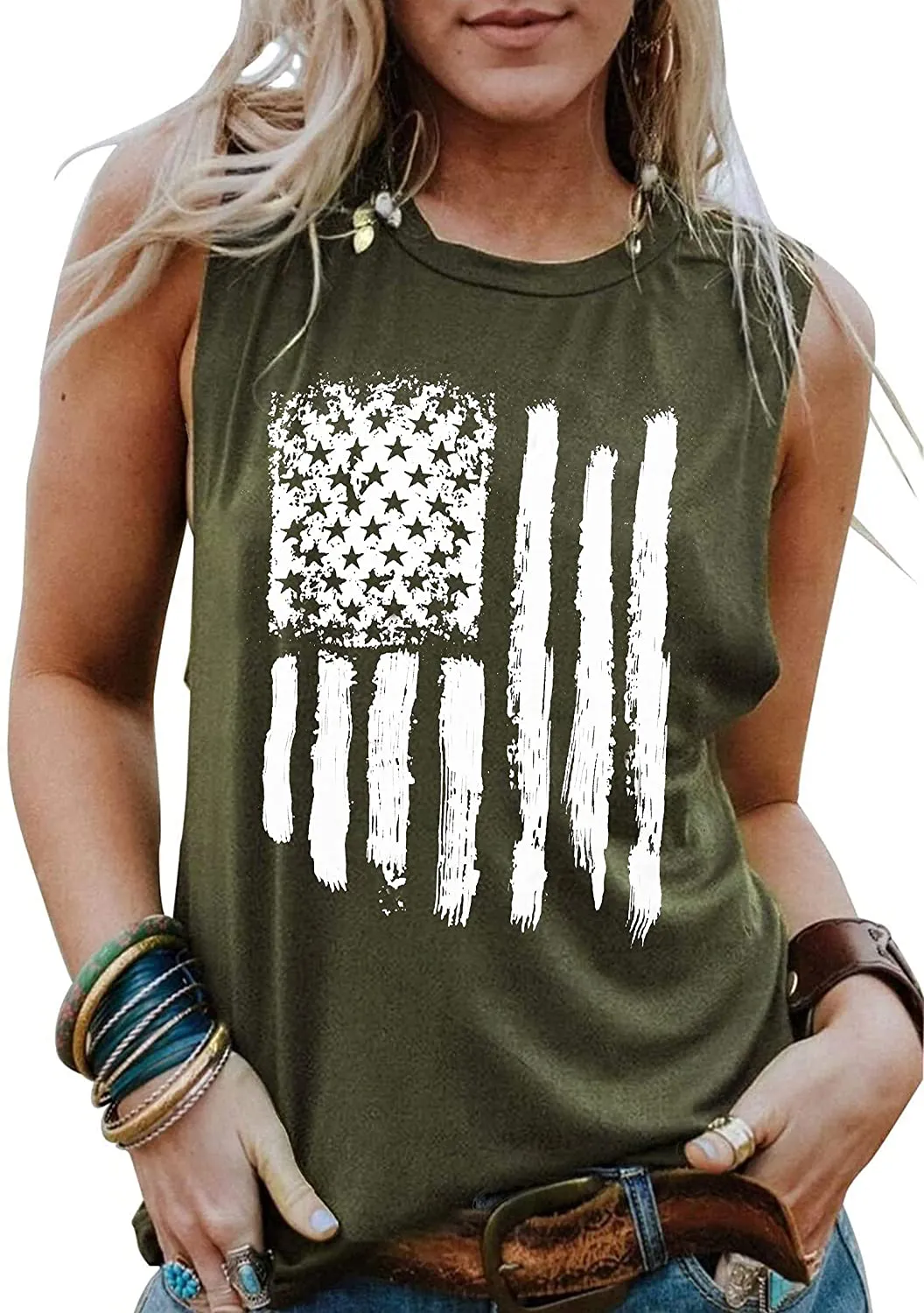 T&Twenties American Flag Tank Top for Women,4th of July Stars Striped Racerback Tees Sleeveless Patriotic USA Flag Vest Tops