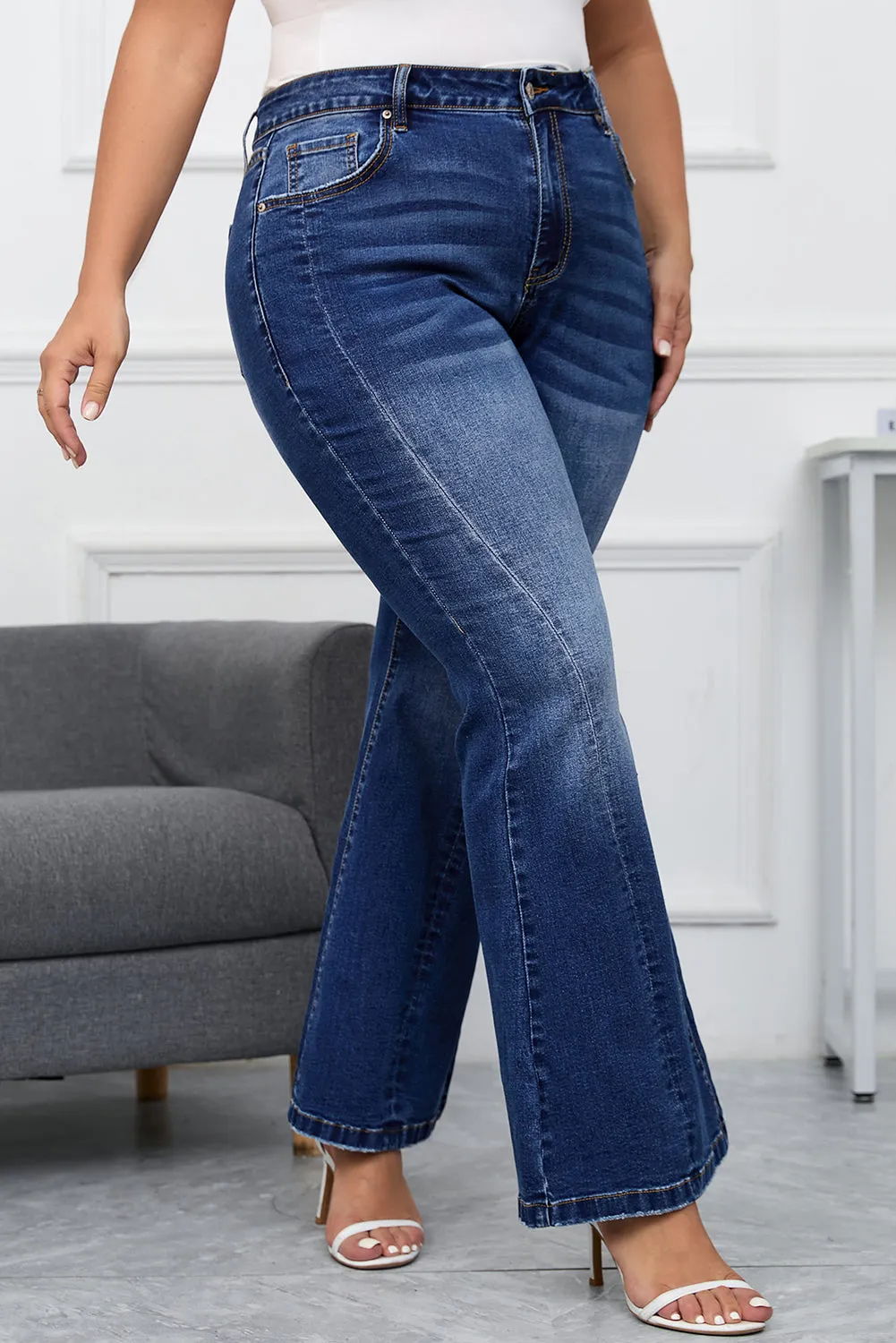 Thunder Chick Fitness Dark Blue Plus Size Stitching Washed Flare Jeans