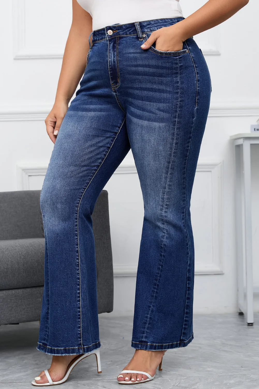 Thunder Chick Fitness Dark Blue Plus Size Stitching Washed Flare Jeans