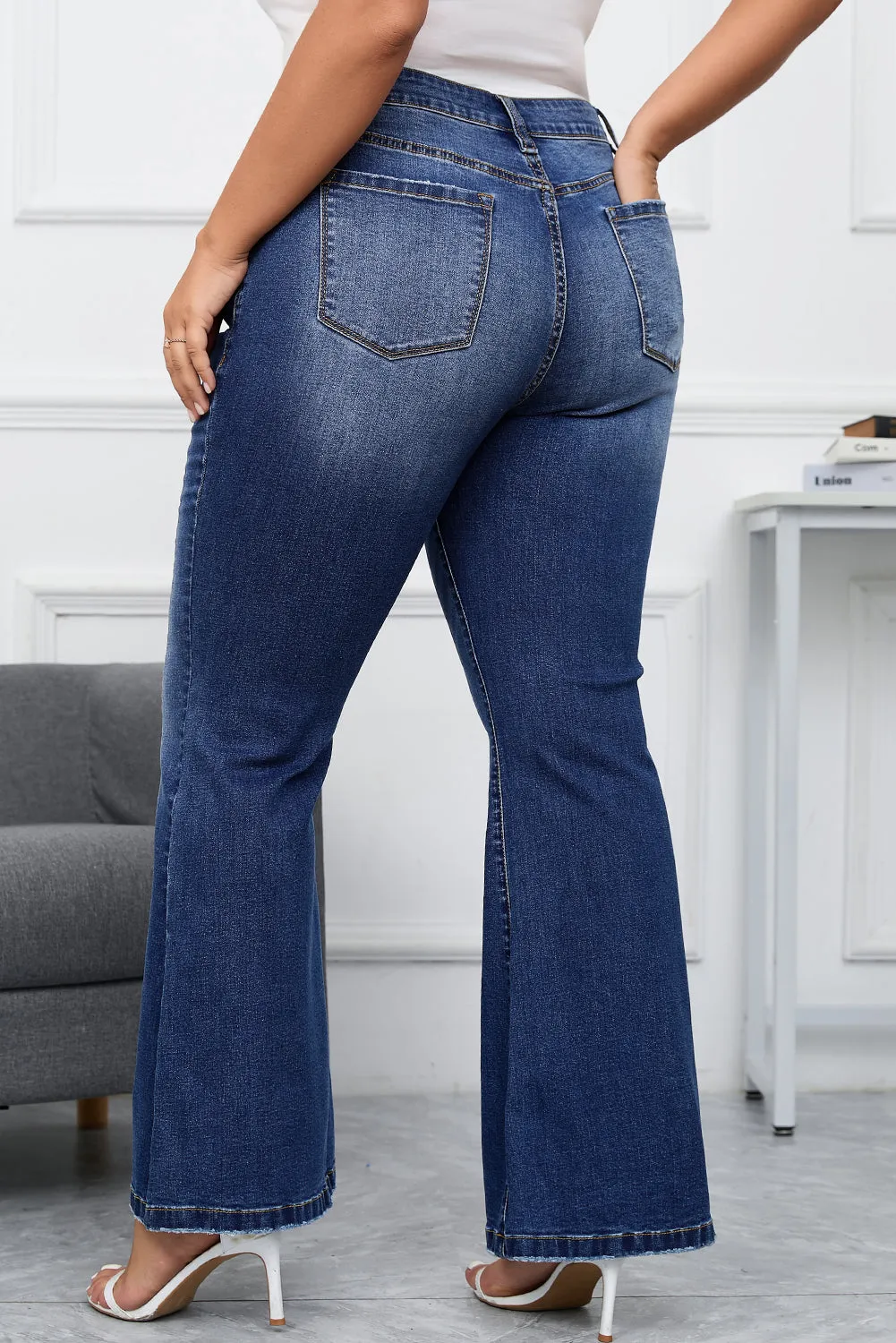 Thunder Chick Fitness Dark Blue Plus Size Stitching Washed Flare Jeans