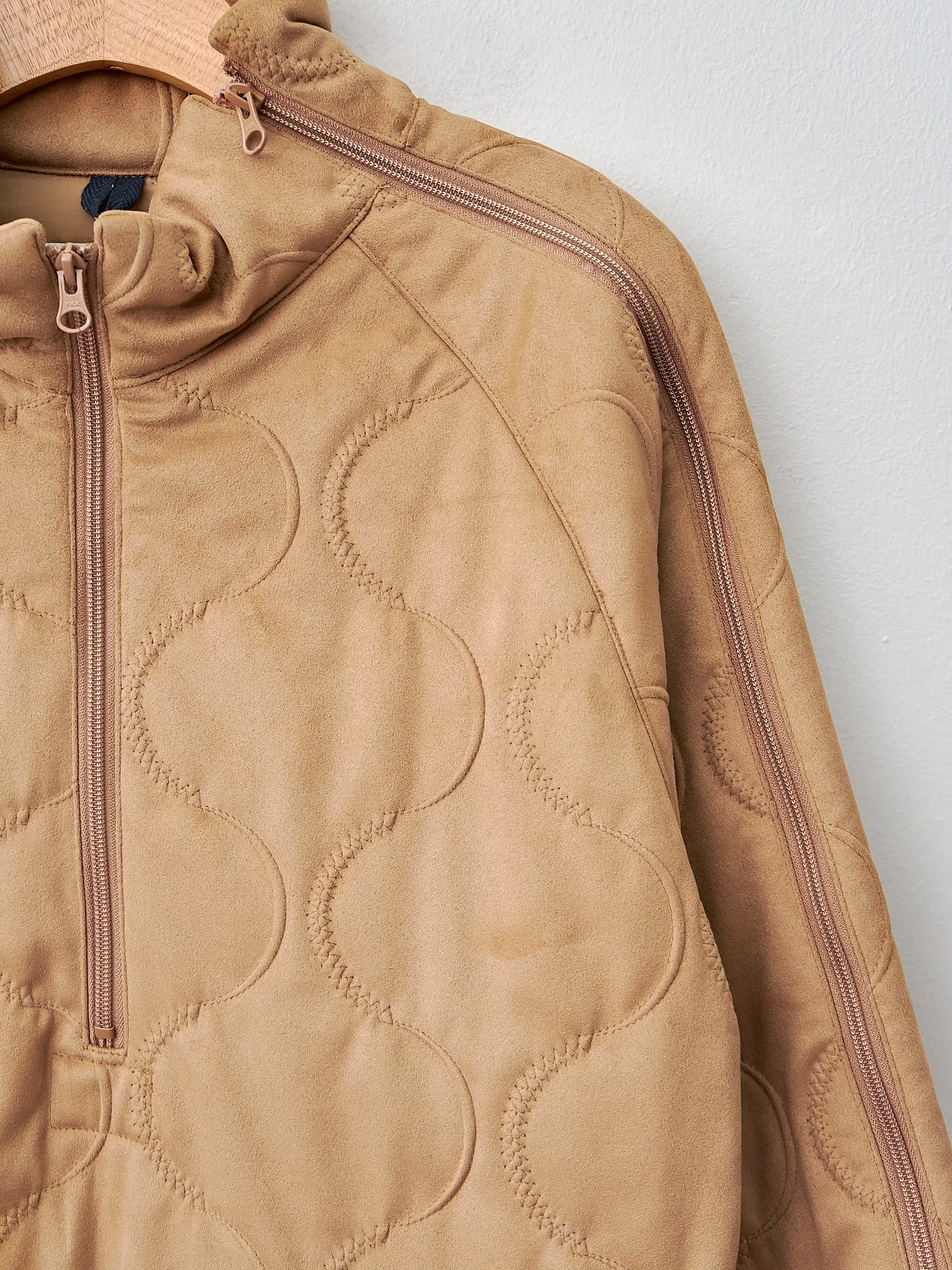 Vegan Nubuck Quilted Zip-up Shoulder Pullover Jacket - Khaki