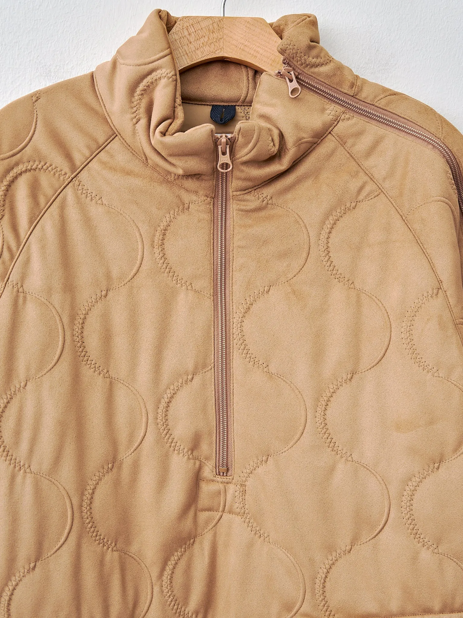 Vegan Nubuck Quilted Zip-up Shoulder Pullover Jacket - Khaki