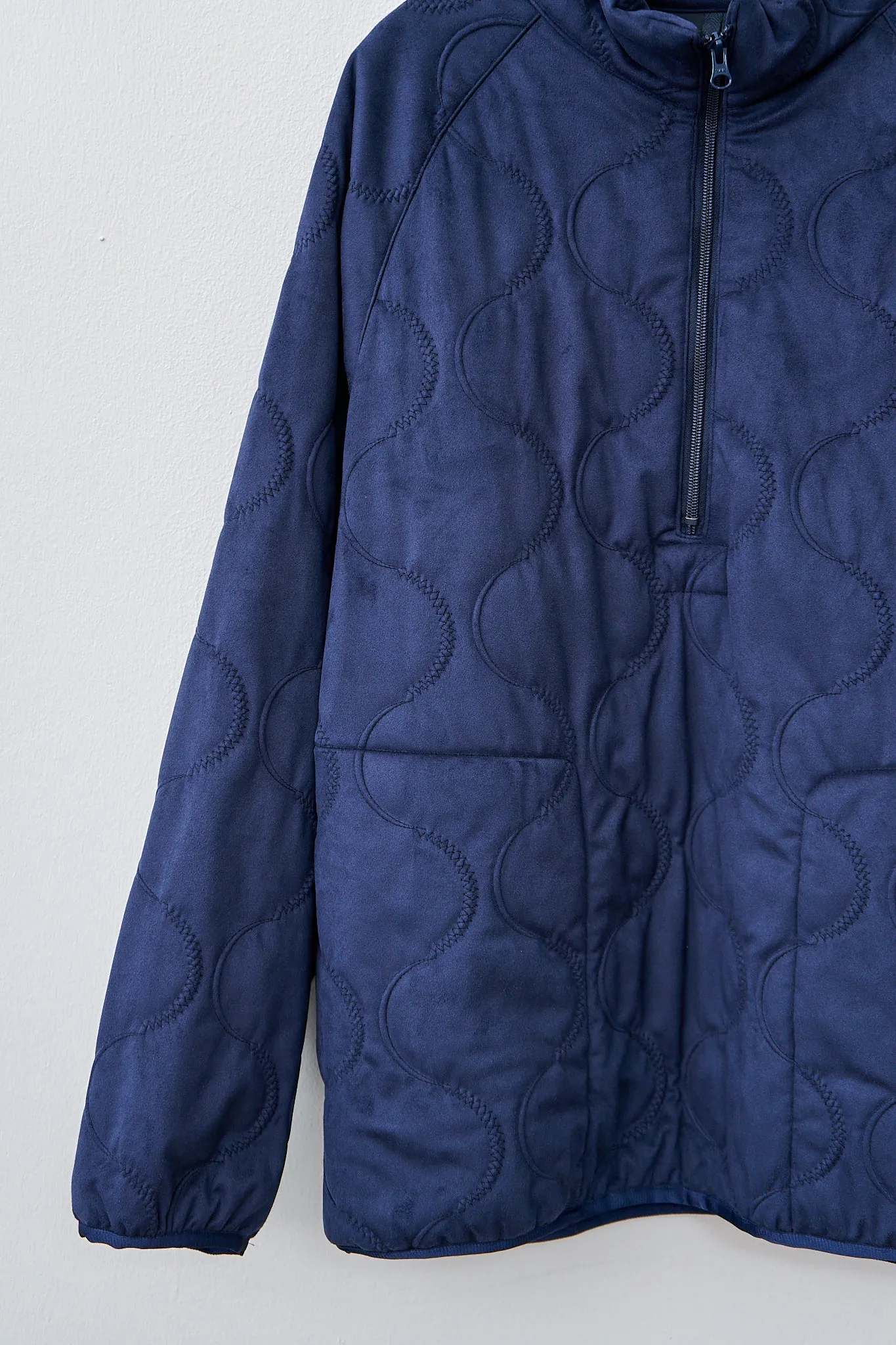 Vegan Nubuck Quilted Zip-up Shoulder Pullover Jacket - Navy