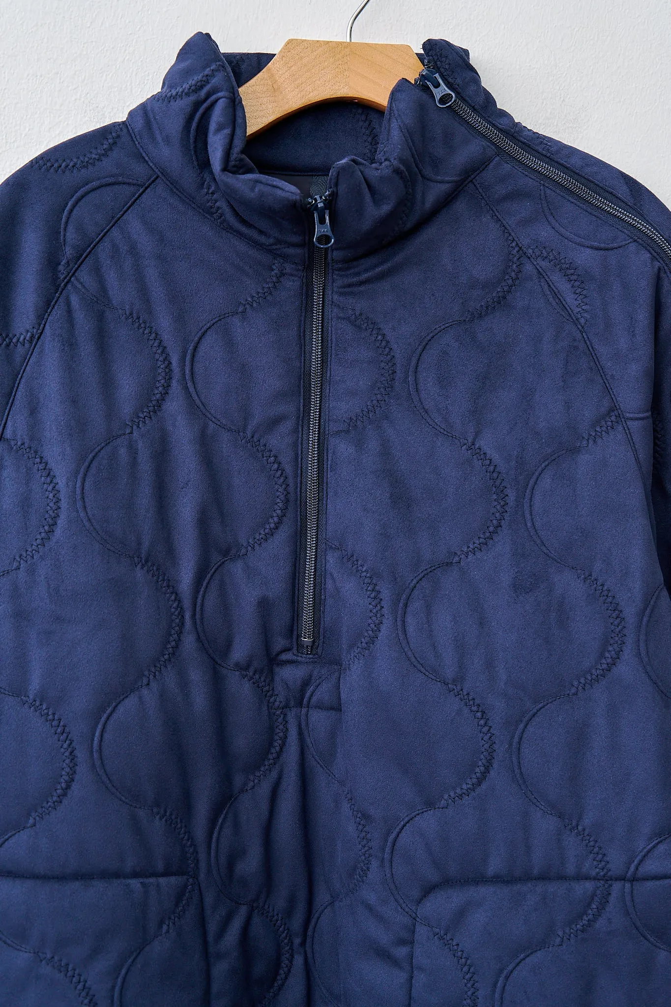 Vegan Nubuck Quilted Zip-up Shoulder Pullover Jacket - Navy