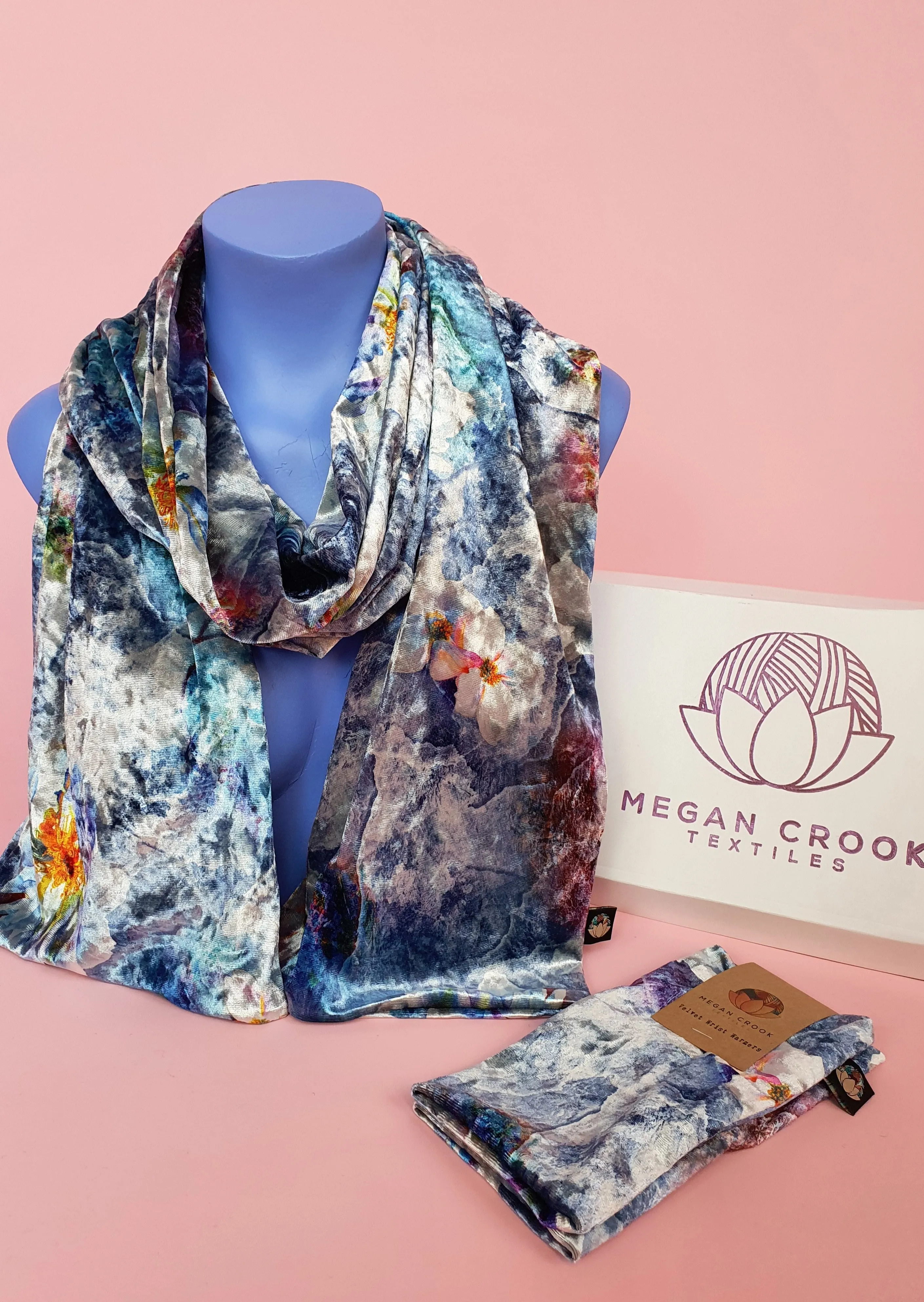 Velvet Scarf & Wrist Warmers Set in Blue Floral