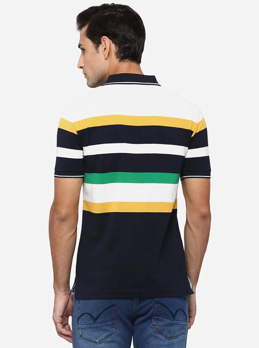 White & Peacoat Blue Striped Slim Fit Polo T-Shirt | Greenfibre