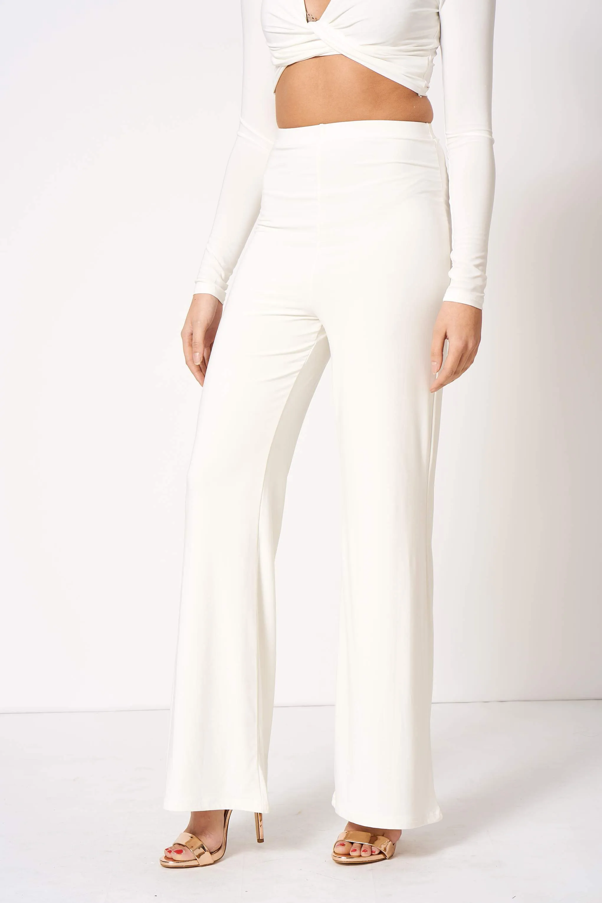 White Slinky High Waisted Flared Trousers