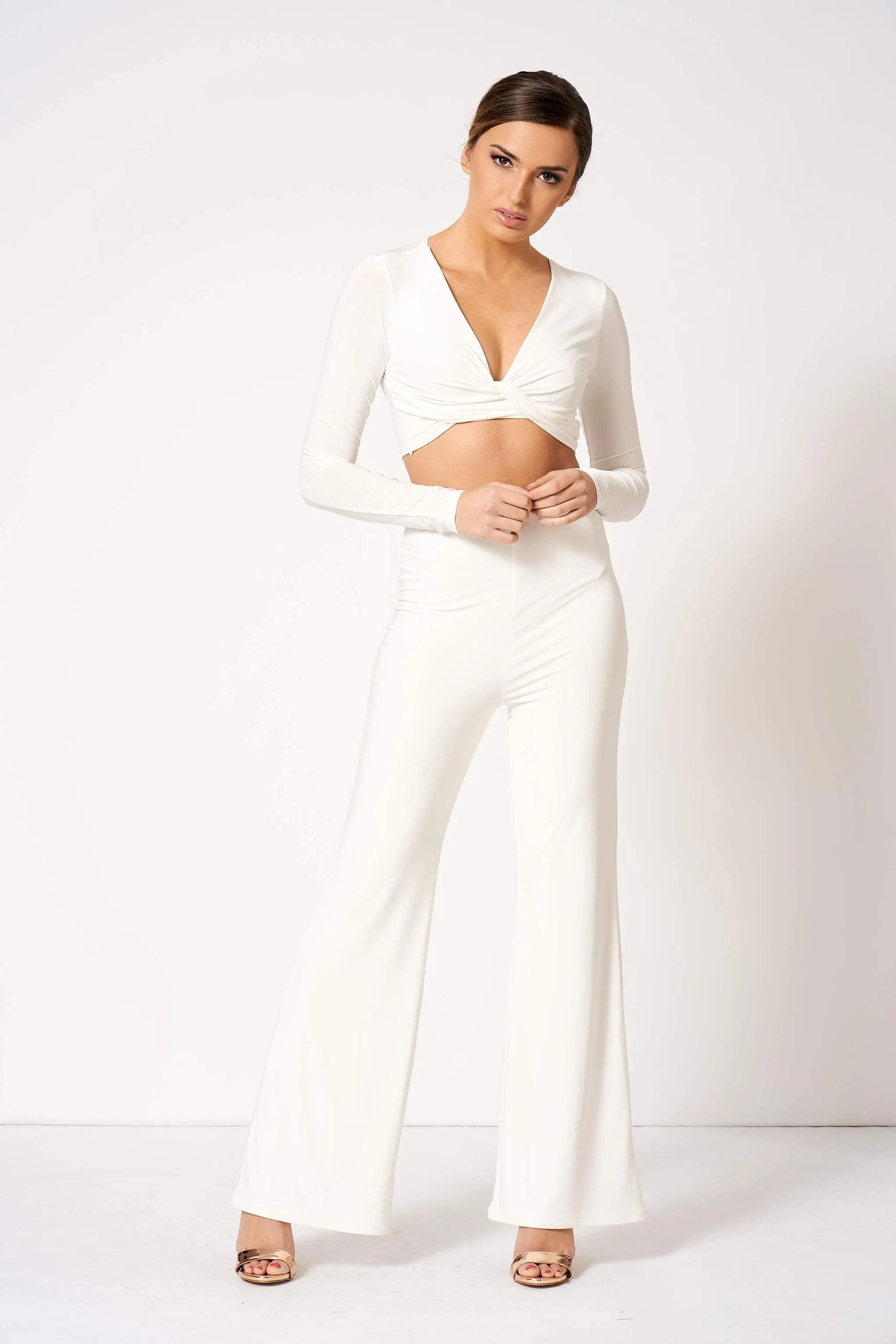 White Slinky High Waisted Flared Trousers