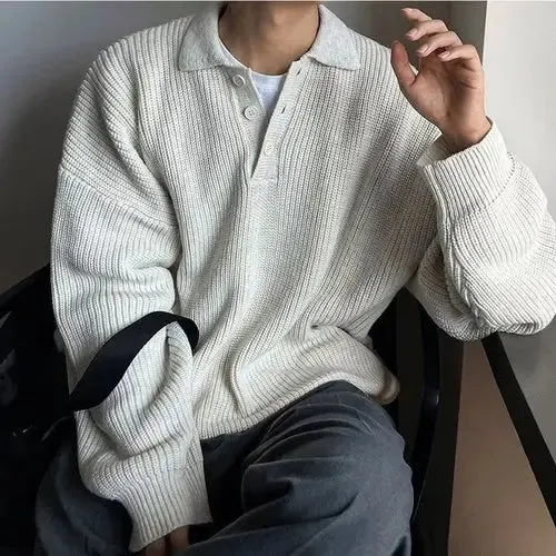 Wiaofellas Fall New Mens Knit Sweater Long Sleeve Lapel Pure Color Knitted Casual Fashion Polo Sweaters Jumper Tops Men Clothes B71