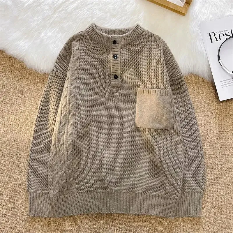 Wiaofellas  -  Men's Autumn Long-Sleeved Knitwear Blend Solid Color Polo Pullover Sweater Knitted O-neck Casual Bottoming Sweater A94