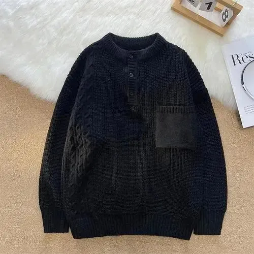 Wiaofellas  -  Men's Autumn Long-Sleeved Knitwear Blend Solid Color Polo Pullover Sweater Knitted O-neck Casual Bottoming Sweater A94