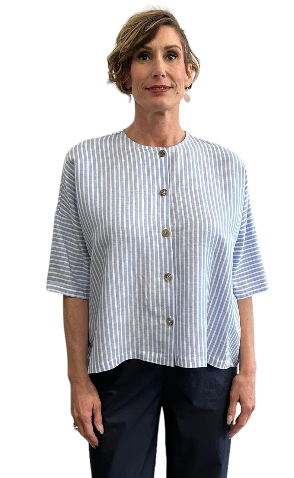 Wide cut Blouse Linen Pinstripe Azzurro & White