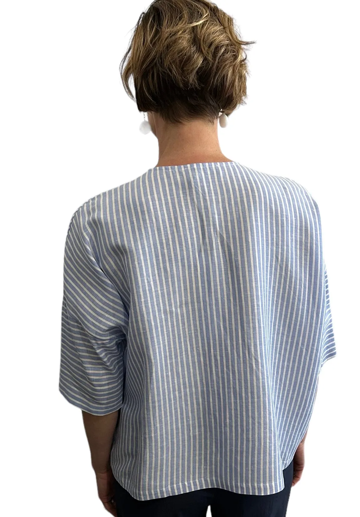 Wide cut Blouse Linen Pinstripe Azzurro & White