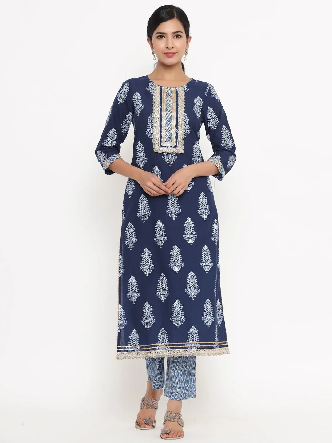 Women Blue Hand Work Cotton Kurta With Trouser & Dupatta