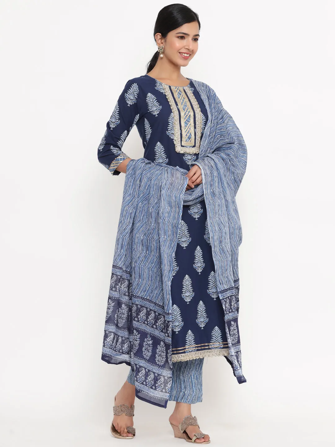 Women Blue Hand Work Cotton Kurta With Trouser & Dupatta