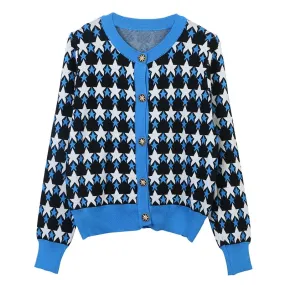 Women Colorful Star Jacquard Cardigan Autumn Elegant Ladies V-Neck Long Sleeve Single Breasted Knitted Sweater C-030