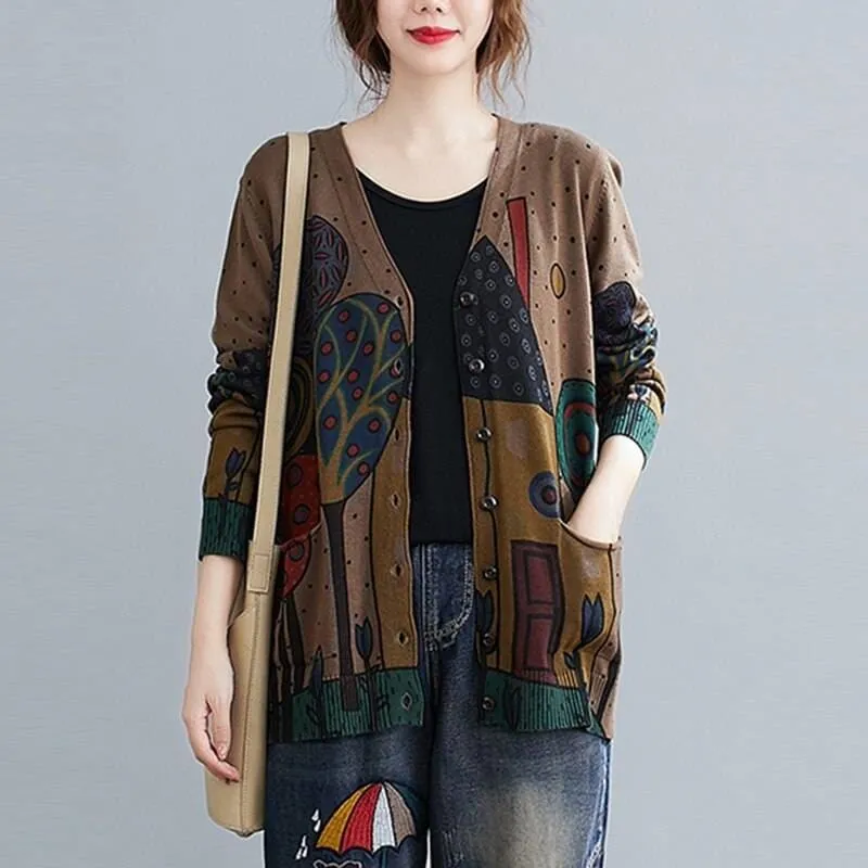 Women  Vintage Style Printed V-neck Loose Cardigan Coats